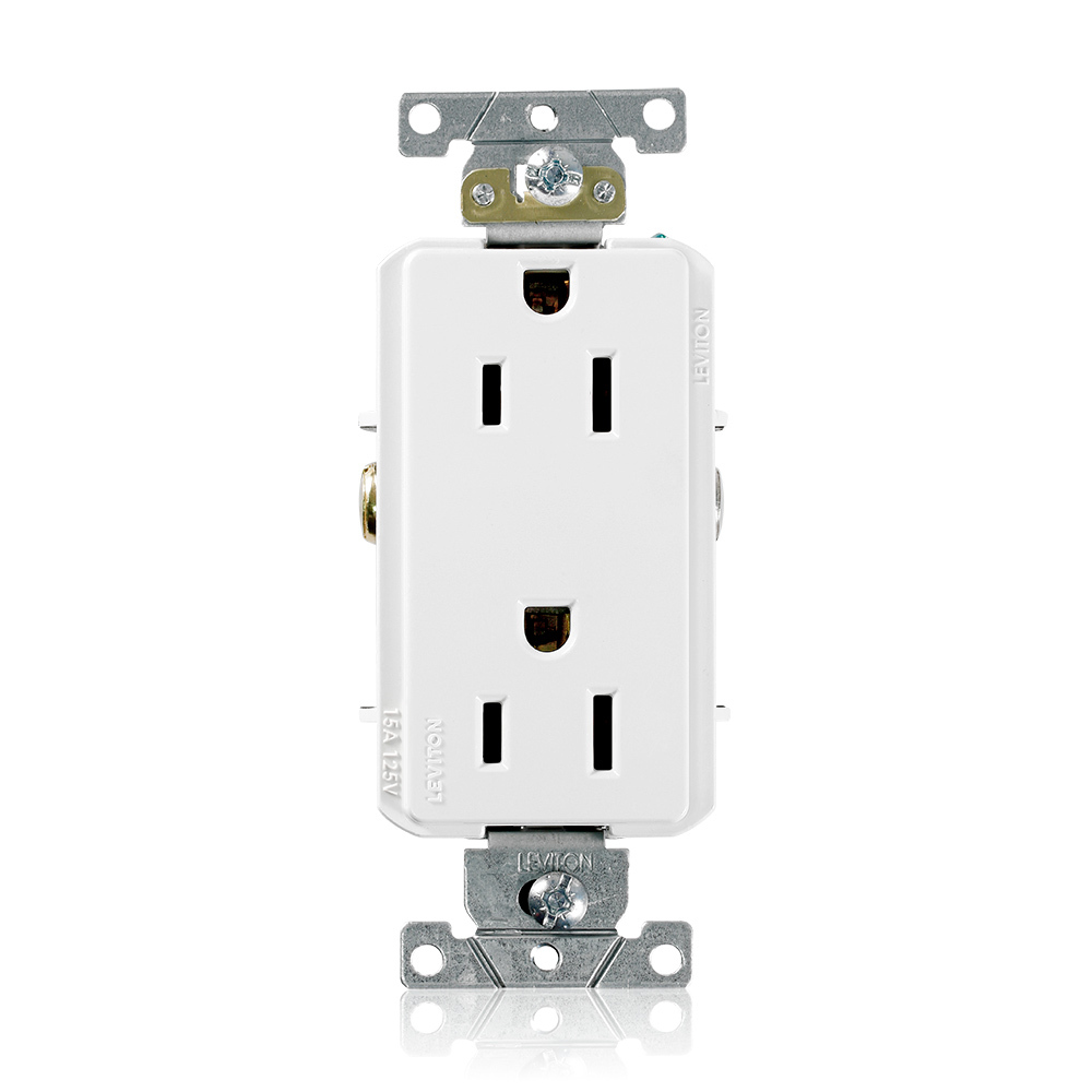 16252-W Heavy Duty Self Grounding Duplex Receptacle, 125 V AC, 15 A, 2 Poles, 3 Wires, White