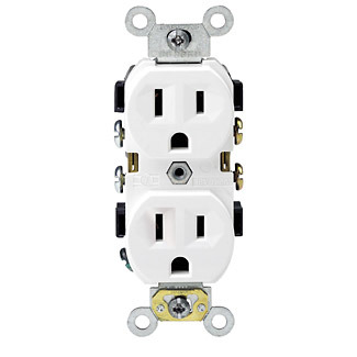 BR15-W 1-Phase Heavy Duty Narrow Body Duplex Receptacle, 125 V AC, 15 A, 2 Poles, 3 Wires, White
