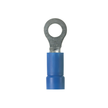 PV14-8R-C Pan-Term Type PV-R Ring Terminal, 16 to 14 AWG Conductor, 0.92 in L, Brazed Seam/Funnel Entry/Insulation Support/Internal Serration Barrel, Copper, Blue