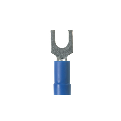 PV14-8F-C Pan-Term Type PV-F Loose Piece Fork Terminal, 16 to 14 AWG Conductor, 0.9 in L, Brazed Seam/Funnel Entry/Internal Serration Barrel, Copper, Blue