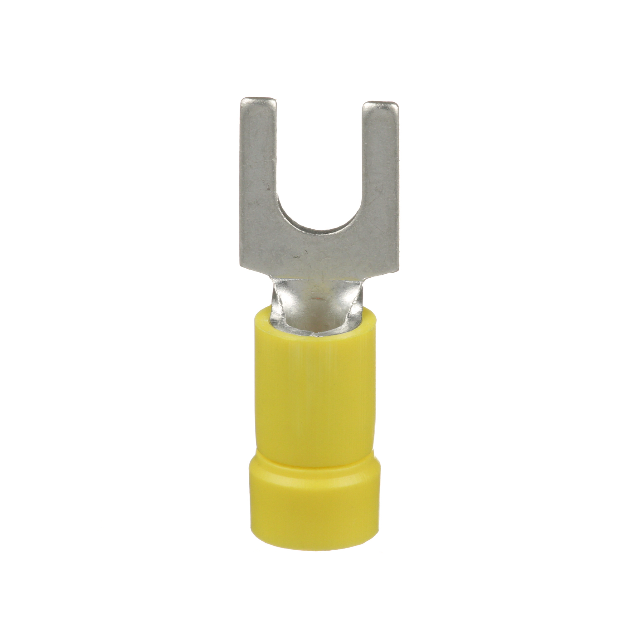 PV10-10F-L Pan-Term Type PV-F Loose Piece Fork Terminal, 14 to 10 AWG Conductor, 1.04 in L, Brazed Seam/Funnel Entry/Internal Serration Barrel, Copper, Yellow