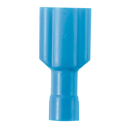 DPF14-250FIM-M DiscoGrip DPF-FIM Fully Insulated Loose Piece Vibration-Resistant Disconnect, 16 to 14 AWG Conductor, 0.25 in W x 0.032 in THK Tab, Butted Seam/Funnel Entry Barrel, Brass, Blue