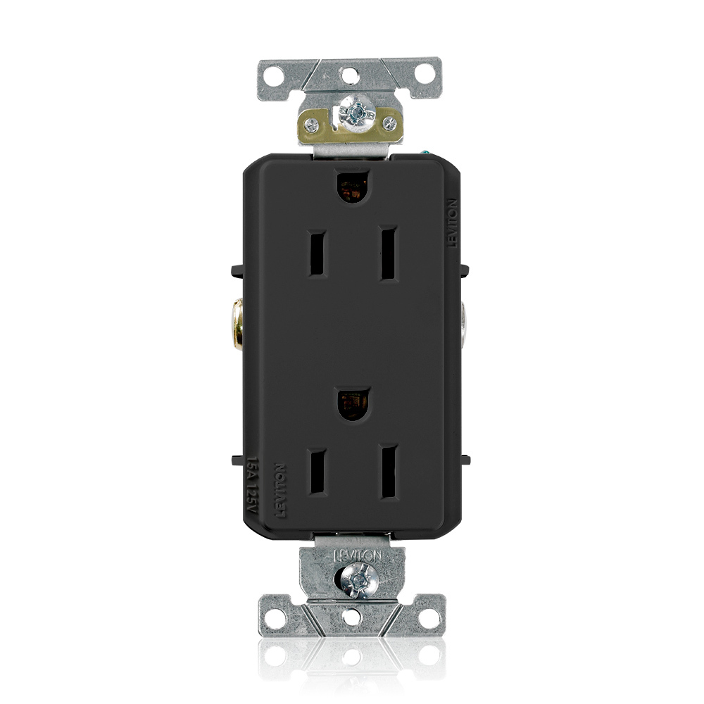 16252-E Heavy Duty Self Grounding Duplex Receptacle, 125 V AC, 15 A, 2 Poles, 3 Wires, Black
