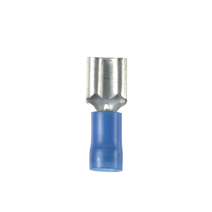 DNF14-111-C Pan-Term Type DNF Loose Piece Vibration-Resistant Female Disconnect, 14 AWG Conductor, 0.11 in W x 0.02 in THK Tab, Funnel Entry/Serrated/Sleeved Barrel, Brass, Blue, Barrel Insulated