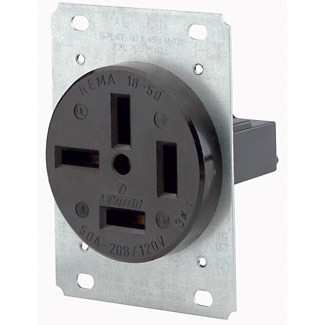 8350 3-Phase Extra Heavy Duty Non-Grounding Straight Blade Receptacle, 120/208 V AC, 50 A, 4 Poles, 4 Wires, Black