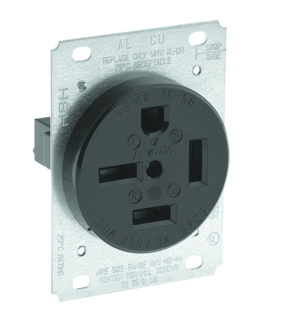 8450 3-Phase Extra Heavy Duty Grounding Straight Blade Receptacle, 250 V AC, 50 A, 3 Poles, 4 Wires, Black