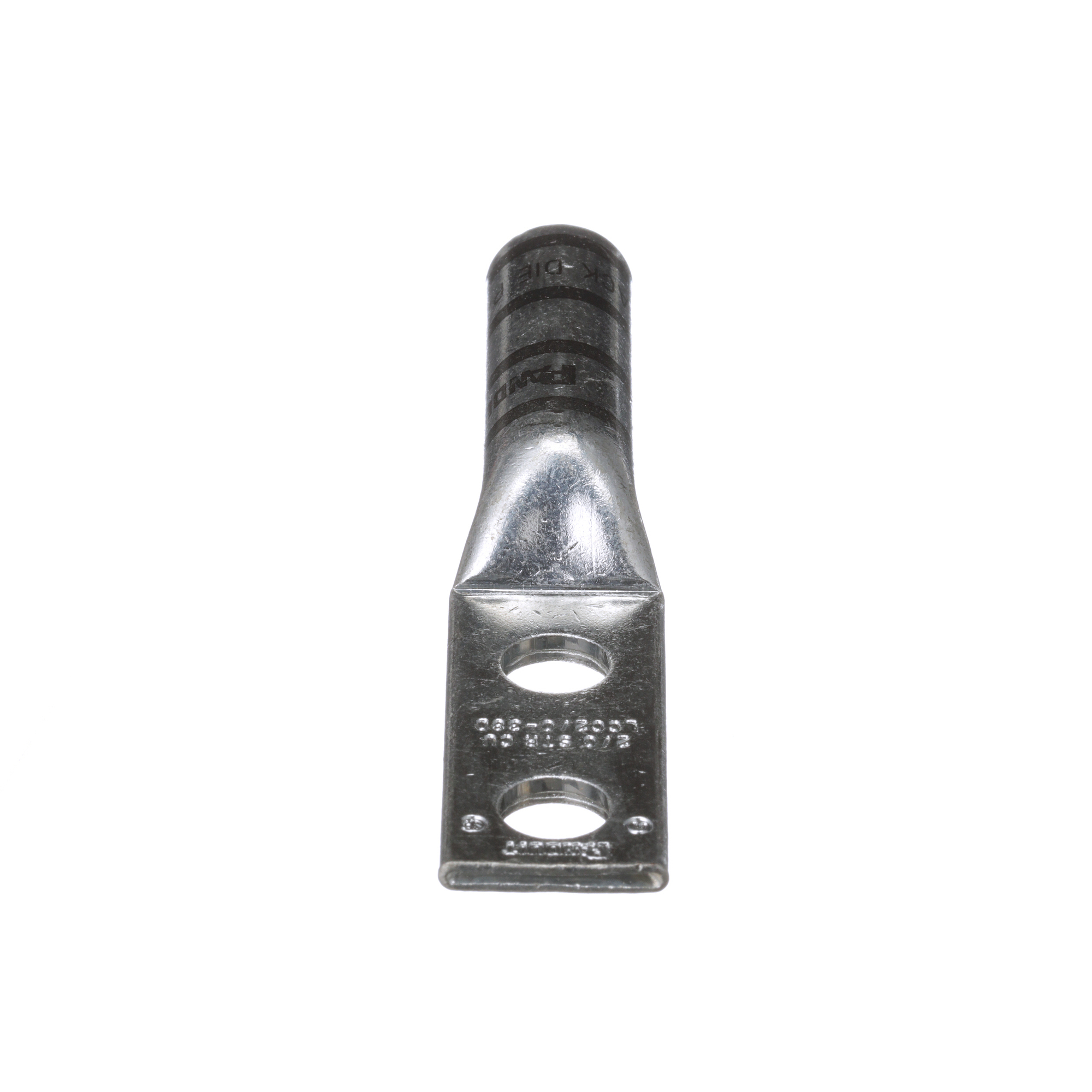 LCC2/0-38D-X Pan-Lug 2-Hole Compression Connector Lug, 2/0 AWG Stranded Copper Conductor, Die Code: P45, 42.95 in Stud, Tin Plated Copper