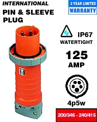 5125P6W Series II North American Configuration Watertight Pin and Sleeve Plug, 200/240/346/415 V AC, 125 A, 4 Poles, 5 Wires, Red