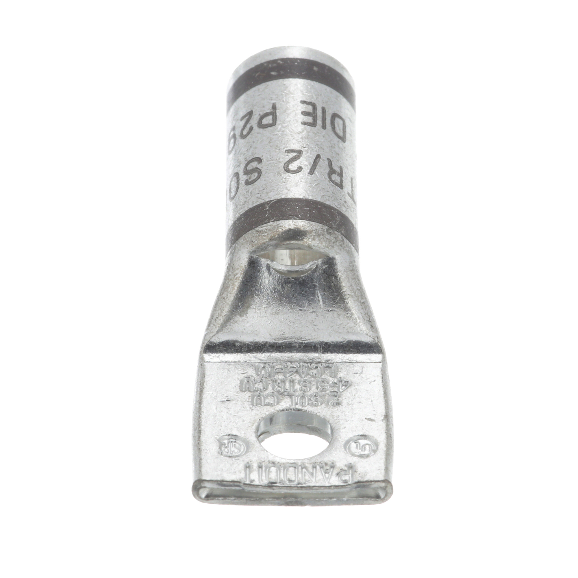 LCA4-10-L Pan-Lug LCA 1-Hole Compression Connector Lug With Inspection Window, 4 to 3 AWG, 2 AWG Solid Copper Conductor, Die Code: P29, 0.19 in Stud, Tin Plated Copper