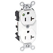 8300-PLW 1-Phase Duplex Extra Heavy Duty Power Indication Self-Grounding Straight Blade Receptacle, 125 V AC, 20 A, 2 Poles, 3 Wires, White