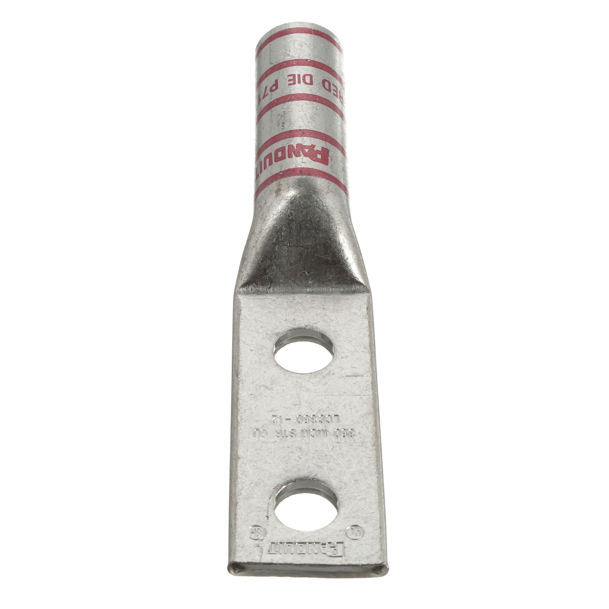 LCC350-12-X Pan-Lug 2-Hole Compression Lug Connector, 350 kcmil Stranded Copper Conductor, Die Code: P71, 1/2 in Stud, Tin Plated Copper