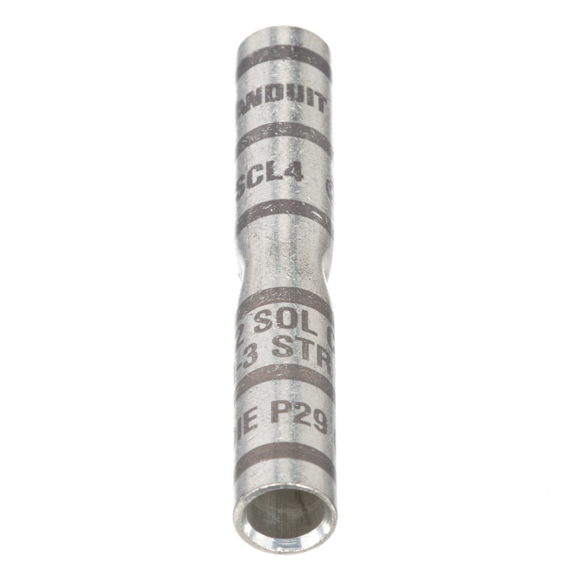 SCL4-L Pan-Lug Type SCL Compression Butt Splice, 4 to 3 AWG, 2 AWG Conductor, 2.38 in L, Long Seamless Barrel, Copper, Gray