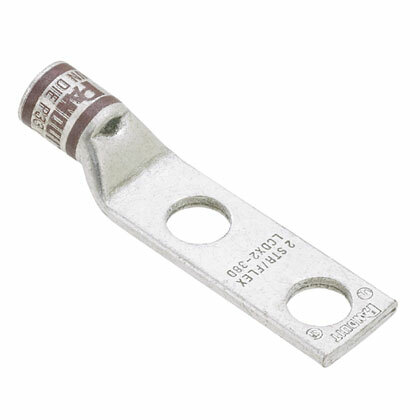 LCDX2-38D-E Pan-Lug 2-Hole Compression Connector Lug, 2 AWG Flexible Copper Conductor, Die Code: P33, 42.95 in Stud, Tin Plated Copper