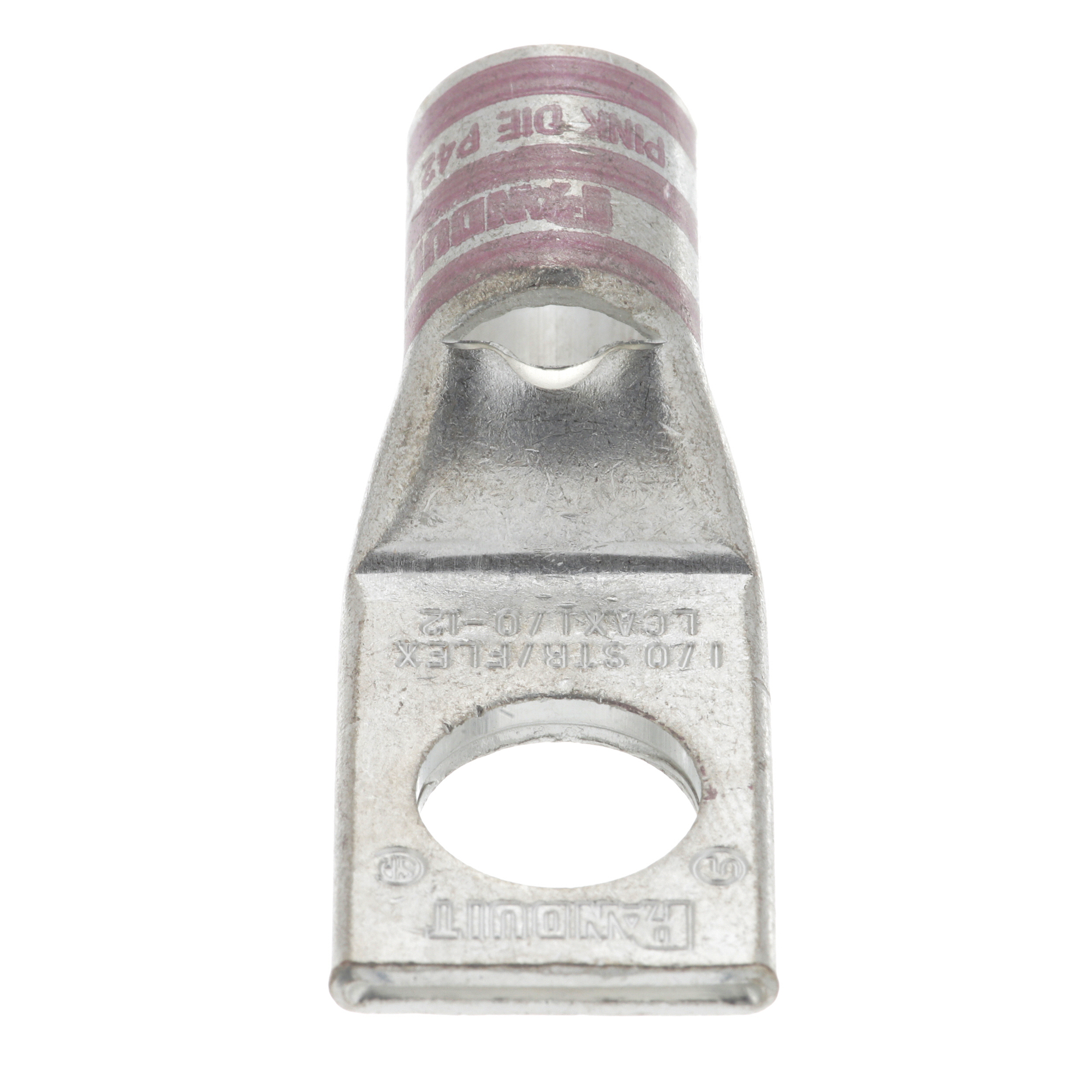 LCAX1/0-12-X Pan-Lug 1-Hole Compression Lug Connector With Inspection Window, 1/0 AWG Flexible Copper Conductor, Die Code: P42, 1/2 in Stud, Tin Plated Copper