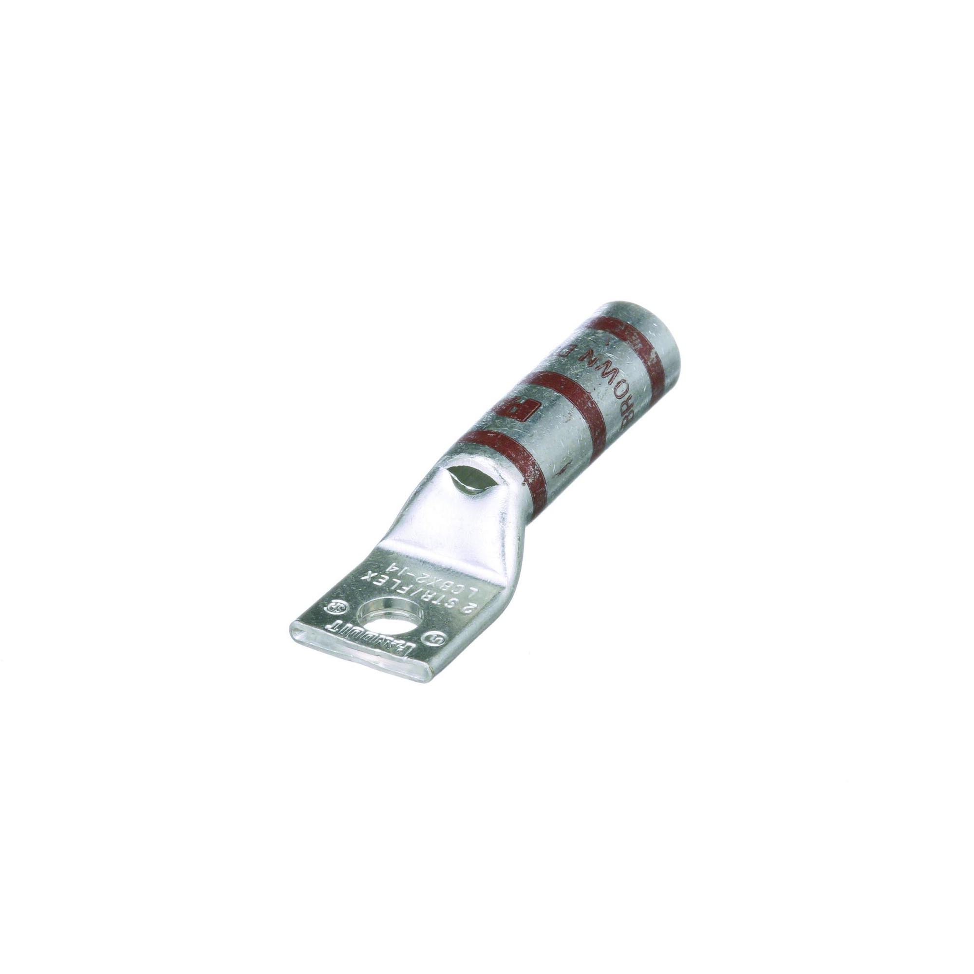 LCBX2-14-E Pan-Lug 1-Hole Compression Connector Lug, 2 AWG Extra-Flexible/Flexible/Stranded Copper Conductor, Die Code: P33, 1/4 in Stud, Tin Plated Copper