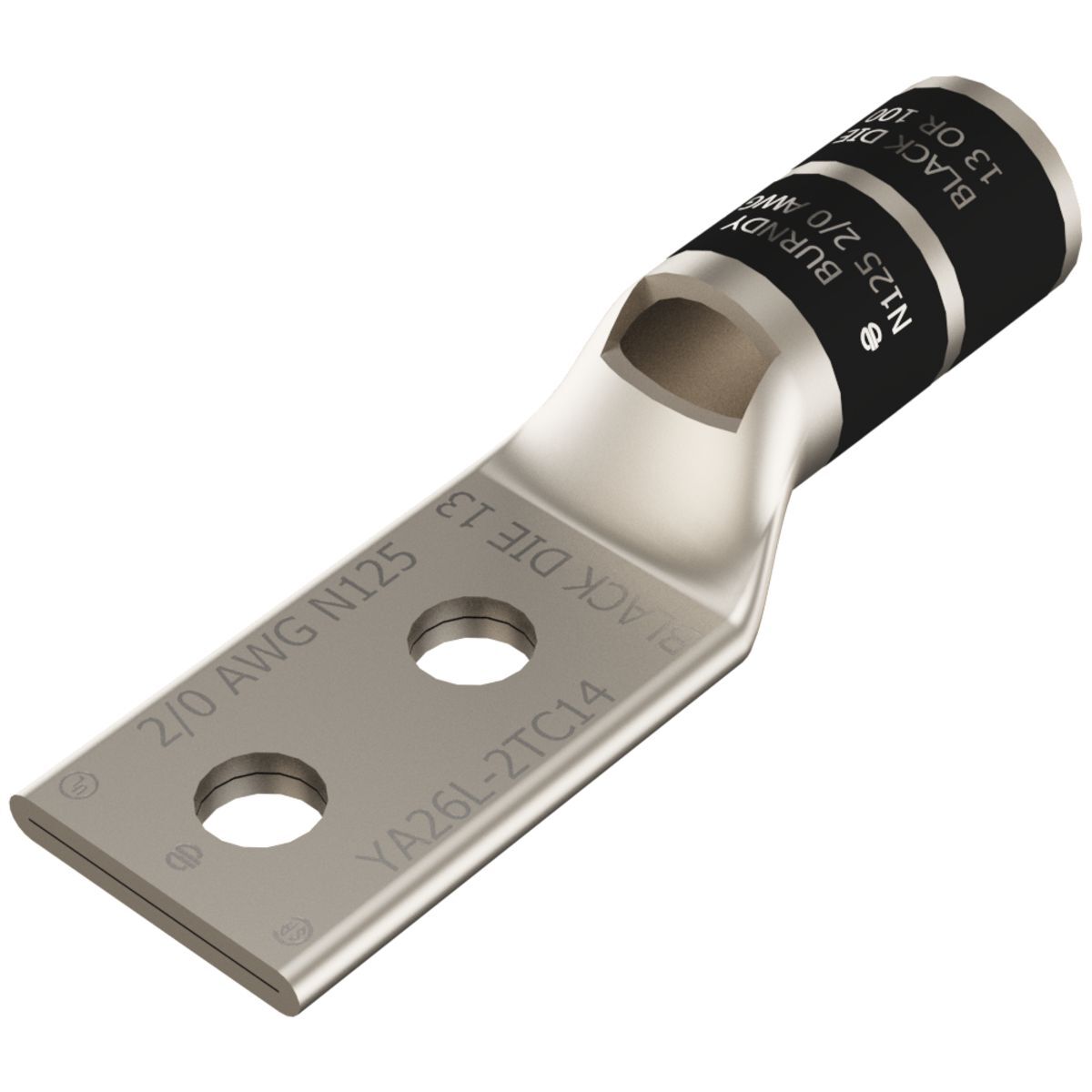YA26L2TC38 YA-L-2TC 2-Hole Compression Lug With Inspection Window, 2/0 AWG Stranded Copper Conductor, Die Code: 13, 3/8 in Stud, Tin Plated Copper