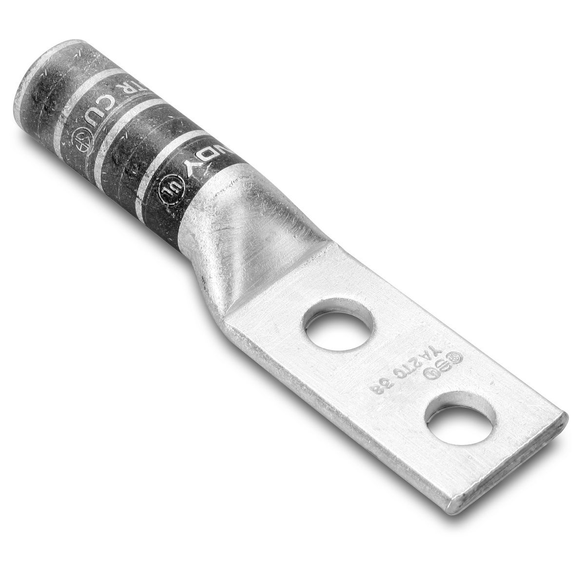 YA4C2TC38 YA-2TC 2-Hole Compression Lug, 4 AWG Stranded Copper Conductor, Die Code: 8/10, 3/8 in Stud, Tin Plated Copper