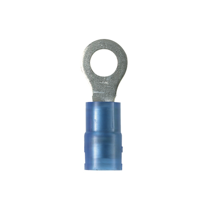 PNF14-8R-C Pan-Term Type PNF-R Ring Terminal, 14 AWG Conductor, 0.87 in L, Funnel Entry/Seamed/Serrated Barrel, Copper, Blue