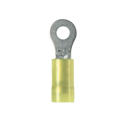PNF10-14R-L Pan-Term Type PNF-R Loose Piece Ring Terminal, 10 AWG Conductor, 1.21 in L, Brazed Seam/Funnel Entry/Insulation Grip Sleeve/Internal Serration Barrel, Copper, Yellow