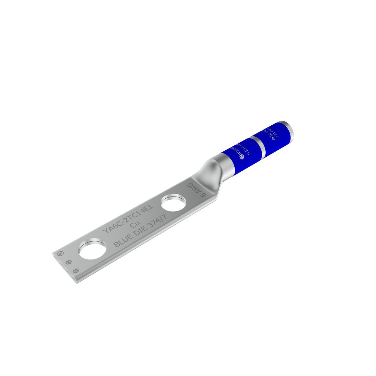 YA6C2N YA-2N 2-Hole Compression Lug, 6 AWG Stranded Copper Conductor, Die Code: 7/374, 1/2 in Stud, Tin Plated Copper