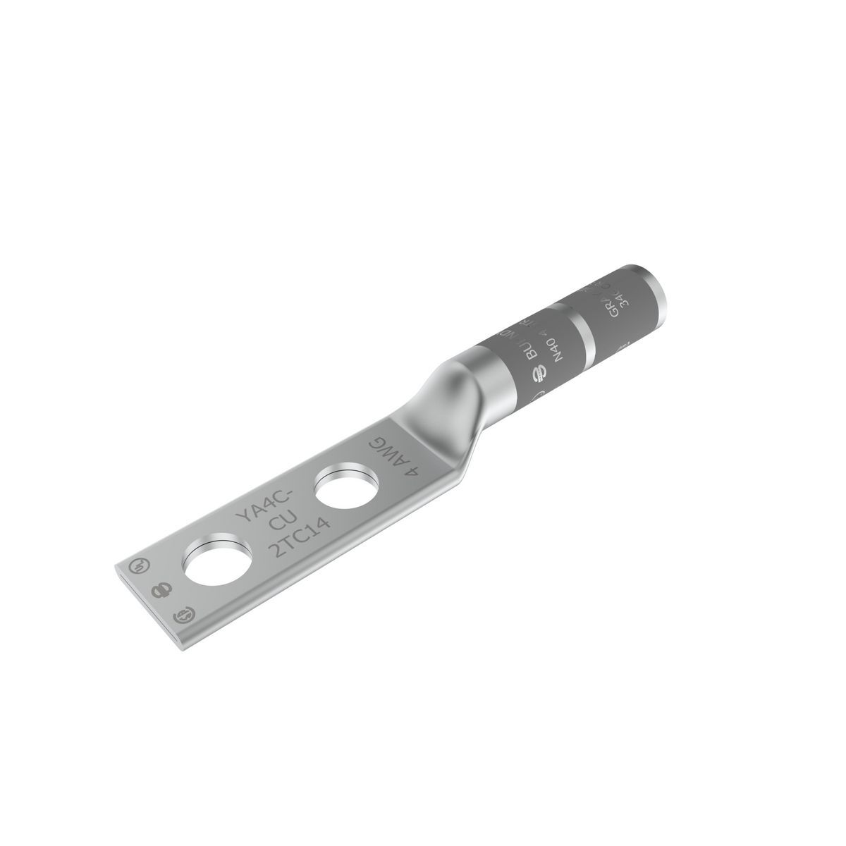 YA4C2TC14 YA-2TC 2-Hole Compression Lug, 4 AWG Stranded Copper Conductor, Die Code: 8/346, 1/4 in Stud, Tin Plated Copper