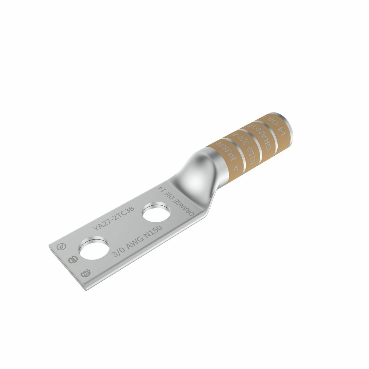 YA272N YA-2N 2-Hole Compression Lug, 3/0 AWG Stranded Copper Conductor, Die Code: 14, 1/2 in Stud, Tin Plated Copper