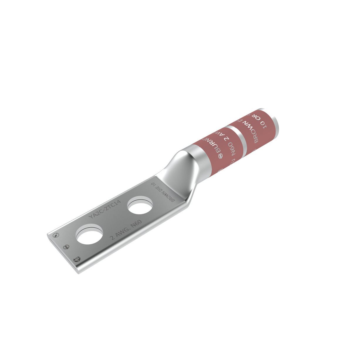 YA2C2TC38 YA-2TC 2-Hole Compression Lug, 2 AWG Stranded Copper Conductor, Die Code: 10, 3/8 in Stud, Tin Plated Copper