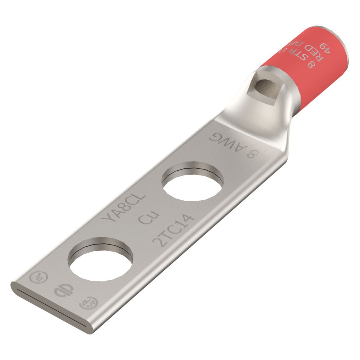 YA8CL2TC14 YA-L-2TC 2-Hole Compression Lug With Inspection Window, 8 AWG Solid/Stranded Copper Conductor, Die Code: 49, 1/4 in Stud, Tin Plated Copper
