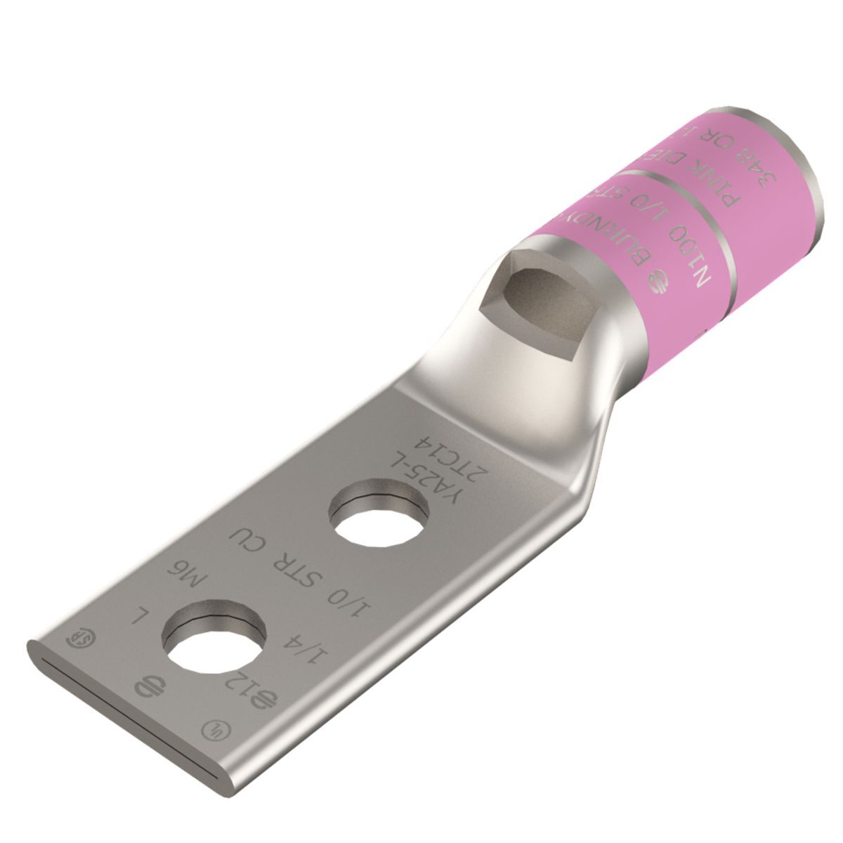 YA25L2TC38 YA-L-2TC 2-Hole Compression Lug With Inspection Window, 1/0 AWG Stranded Copper Conductor, Die Code: 12/348, 3/8 in Stud, Tin Plated Copper