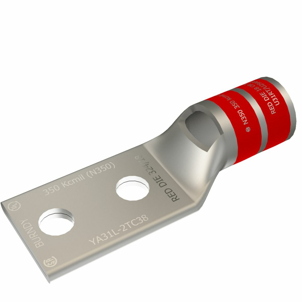 YA312LN YA-2LN 2-Hole Compression Lug With Inspection Window, 350 kcmil Stranded Copper Conductor, Die Code: 18/324, 1/2 in Stud, Copper