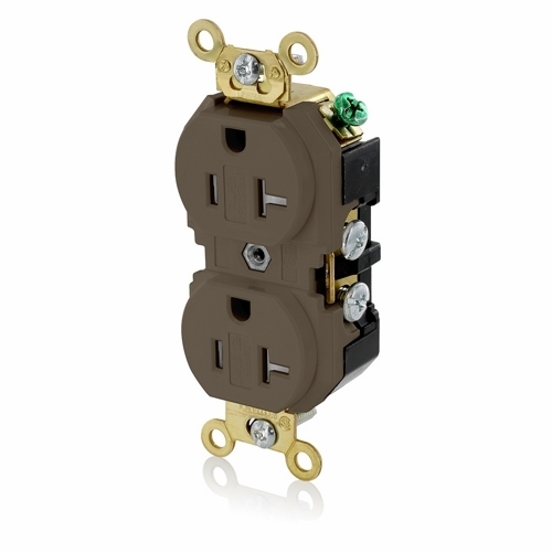 5362-SG Duplex Extra Heavy Duty Self-Grounding Tamper Resistant Straight Blade Receptacle, 125 V AC, 20 A, 2 Poles, 3 Wires, Brown
