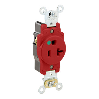 8310-R Extra Heavy Duty Single Straight Blade Receptacle, 125 V AC, 20 A, 2 Poles, 3 Wires, Red
