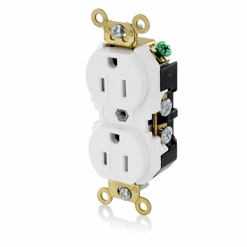 5262-SGW Duplex Extra Heavy Duty Self-Grounding Tamper Resistant Straight Blade Receptacle, 125 V AC, 15 A, 2 Poles, 3 Wires, White
