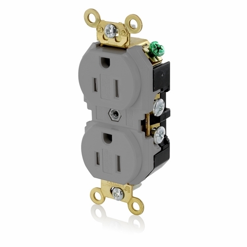 5262-SGG Duplex Extra Heavy Duty Self-Grounding Tamper Resistant Straight Blade Receptacle, 125 V AC, 15 A, 2 Poles, 3 Wires, Gray