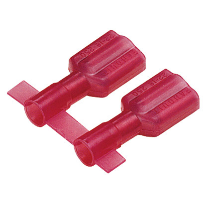 DNF18-188FIB-3K Reel Smart Type DNF-FIB Reel Vibration-Resistant Female Disconnect, 18 AWG Conductor, 0.187 in W x 0.02 in THK Tab, Butted Seam/Funnel Entry Barrel, Brass, Red, Fully Insulated