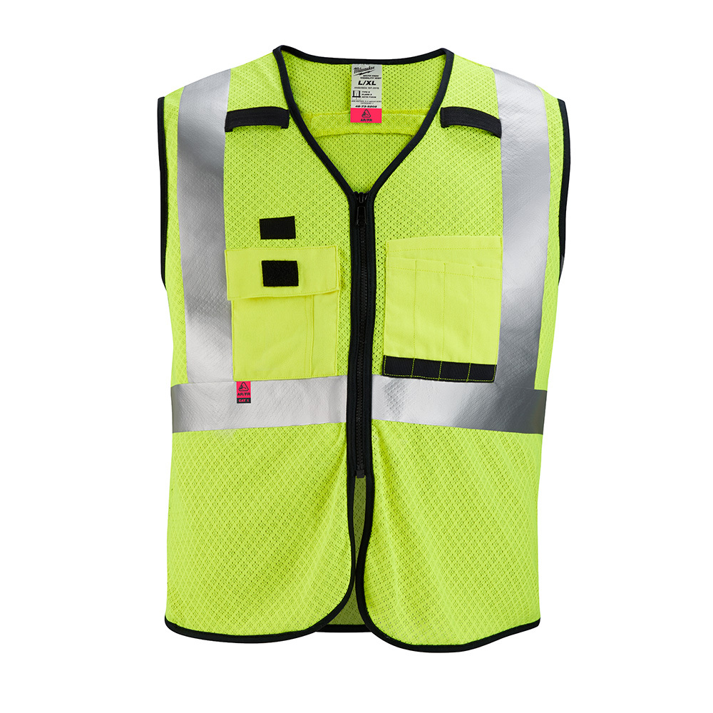 48-73-5202 Surveyors Safesty Vest, L/XL, Hi-Viz Yellow, Polyester, Zipper Closure, 10 Pockets, ANSI Class: Class 2, ANSI 107-15 TYPE R