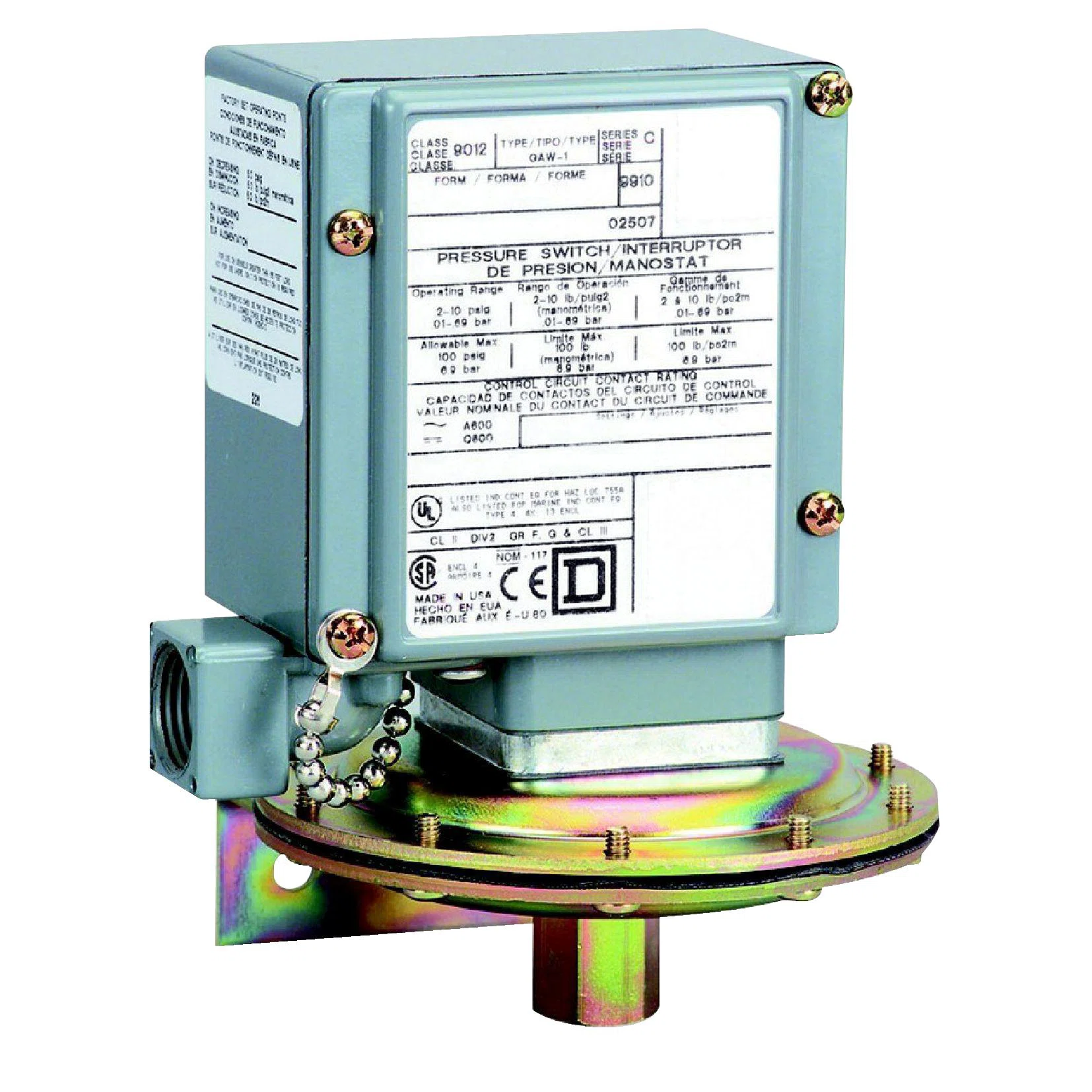 Pressure switch 9012G, adjustable scale, 2 thresholds, 0.2 to 10 PSIG